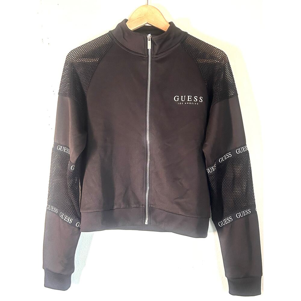 Guess Jet Black 'Echo' mock neck bomber jacket with a satin/Mesh Sleeve Size M